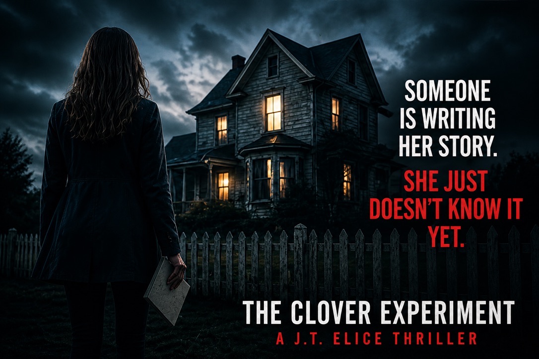 A woman stands before a dark house at dusk. Someone is writing her story. She just doesn't know it yet.